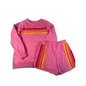 Pink Retro Striped Sweatshirt and Shorts Lounge Set 2 Piece Small 70s Style